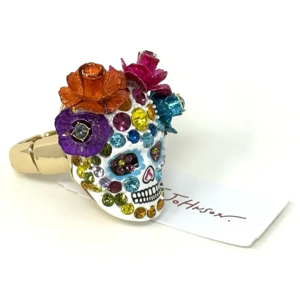 Betsey Johnson Sugar Skull Stretch Ring Day Of The Dead Goth Crystals NO BOX